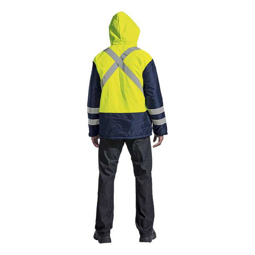 Safety yellow and navy Fleet Jacket from Azulwear South Africa, displaying the full back view with premium silver reflective tape across the shoulder blades and torso. Shipped nationwide with rapid courier delivery across South Africa.