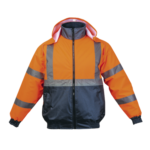 Orange and navy safety padded jacket from Azulwear South Africa, displaying the full front profile, deep heavy-duty thermal quilted padding, and secure wind-proof zip paneling. Ordered online with rapid courier delivery across South Africa.