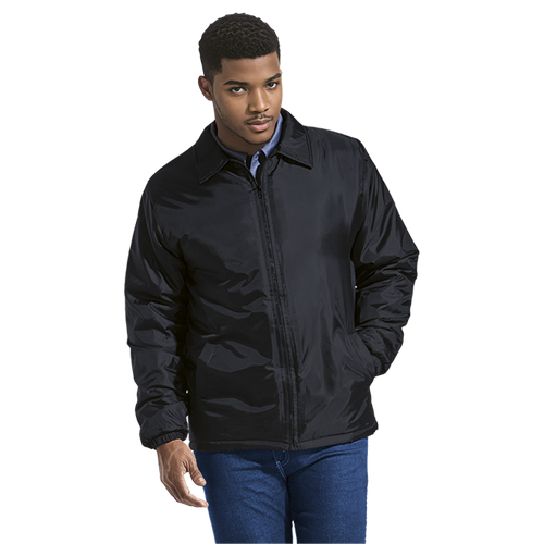 Model wearing the padded Men's Max Jacket showcasing the topstitched one-piece collar, elasticated cuffs, and chunky plastic zipper, ideal for professional outdoor team branding by Azulwear.