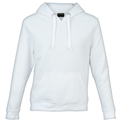 Pristine white 240g cotton-rich brushed fleece Beckham hooded sweater for corporate apparel orders by Azulwear Paarl
