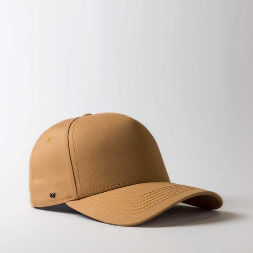 Khaki UFlex 5 panel curved peak snapback cap with custom corporate embroidery, trendy street-style promotional headwear by Azulwear Johannesburg.