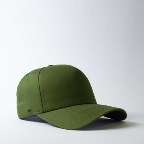 Olive UFlex 5-panel snapback cap with custom corporate embroidery, casual promotional headwear by Azulwear Johannesburg.