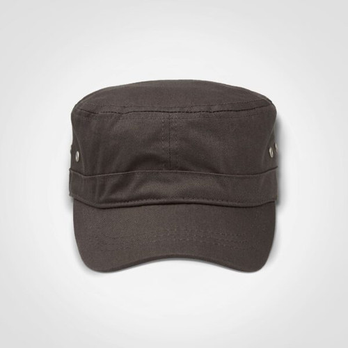 Charcoal Fidel Cap by Azulwear South Africa displayed in a direct, head-on studio shot detailing its deep grey tone, unique flat-top architecture, and structural preparedness for industrial branding.