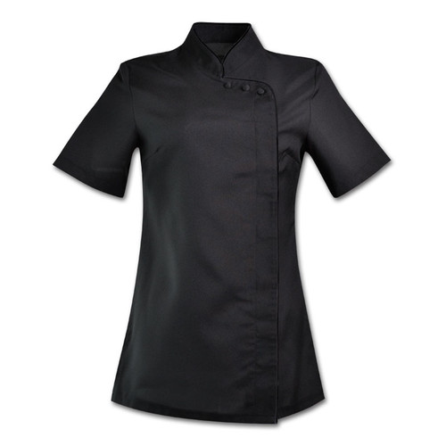 Black DUCHESS Madri Top salon tunic made from high-quality 167g mini matt fabric, designed for beauty therapy, spa uniforms, and salon wear across South Africa by Azulwear.