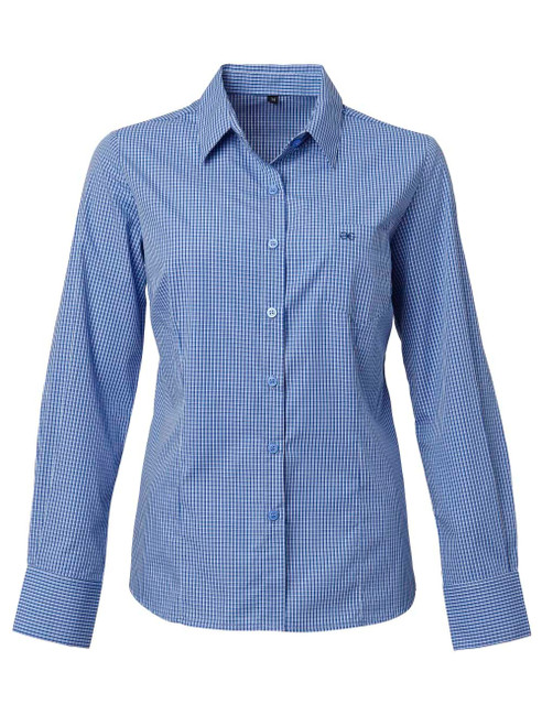 Navy Ladies Carlo Galucci Tivoli Check K239 Long Sleeve Blouse made from a premium cotton-poly blend, designed for elegant corporate uniforms and professional office clothing across South Africa.