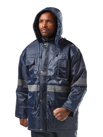 Dromex Storm Polar navy blue insulated freezer jacket with reflective tape by Azulwear South Africa for cold storage, sub-zero logistics, and outdoor winter workplace safety