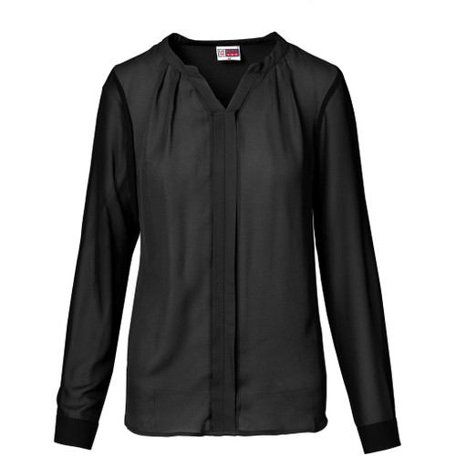 Black Ladies long sleeve Zenobia blouse on a model, corporate shirts by Azulwear South Africa. Features a mandarin collar, double placket, and custom branding options.