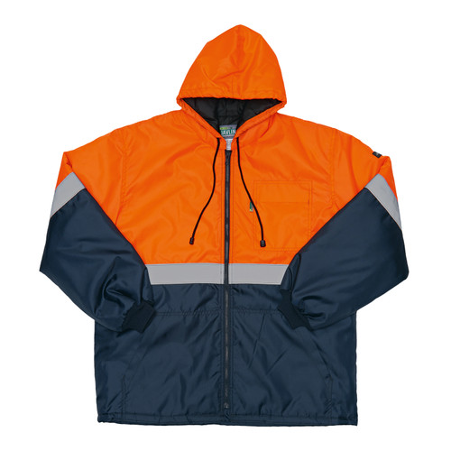 Orange and navy Javlin Hi-Vis Parka Jacket from Azulwear South Africa, displaying the water-resistant outer design, rugged Vislon zip front, and striking two-tone safety styling. Ordered online with prompt courier delivery across South Africa.