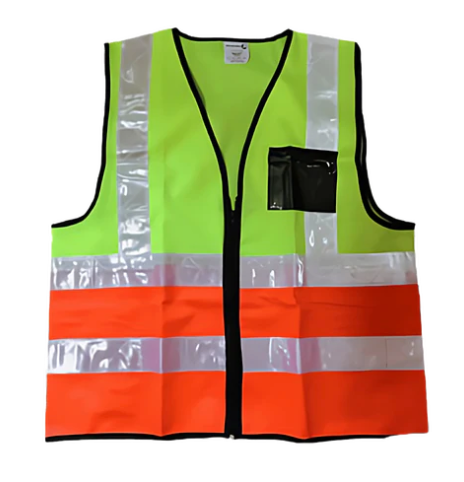 Lime and orange reflective vest from Azulwear South Africa, featuring the front view with high-visibility silver strips and two-tone fabric paneling. Courier delivery across South Africa.