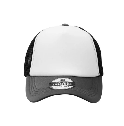 Charcoal/White/Black custom branded three-tone trucker hat showing the classic mesh back, premium promotional clothing supplier Azulwear Pretoria.