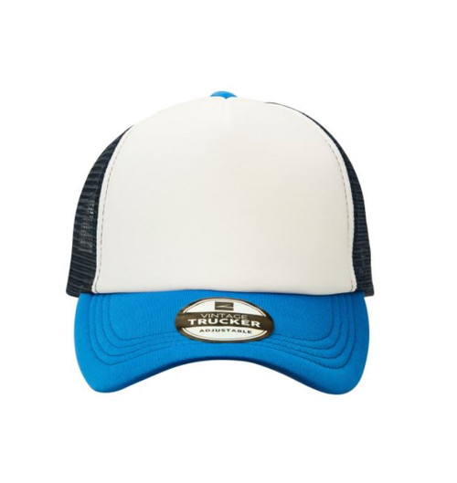 Royal/White/Navy Vintage Trucker Three Tone cap with custom corporate embroidery, retro multi-colour promotional headwear by Azulwear Johannesburg.