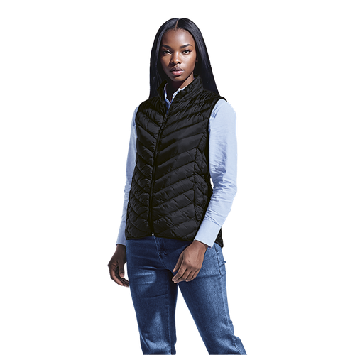 Front profile view of the Black Westfield padded bodywarmer styled on a model, demonstrating the comfortable feminine silhouette and functional utility pockets perfect for team uniform rollouts.