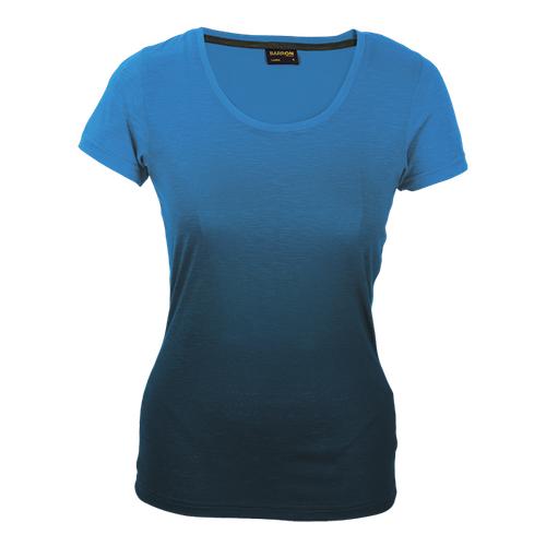 Front view of the Royal and Black Ladies' Bailey Crew Neck T-Shirt by Azulwear South Africa, showcasing the vibrant two-tone colorway, unique faded sublimated print, and flattering feminine fit.