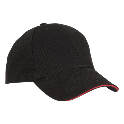 Black/Red 6 Panel Sandwich Peak Cap by Azulwear South Africa photographed from a lateral angle to emphasize its premium athletic silhouette and striking contrast details optimized for corporate promotion giveaways.