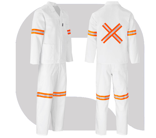 Trade Polycotton Conti Suit Reflective Arms, Legs & Back - Orange Tape - White, Azulwear Safety Workwear
