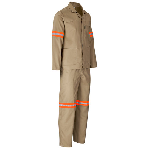 Trade Polycotton Conti Suit Reflective Arms, Legs & Back - Orange Tape - Khaki, Azulwear Safety Workwear