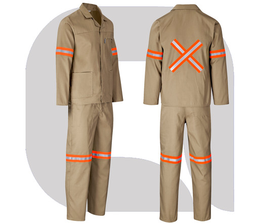 Trade Polycotton Conti Suit Reflective Arms, Legs & Back - Orange Tape - Khaki, Azulwear Safety Workwear
