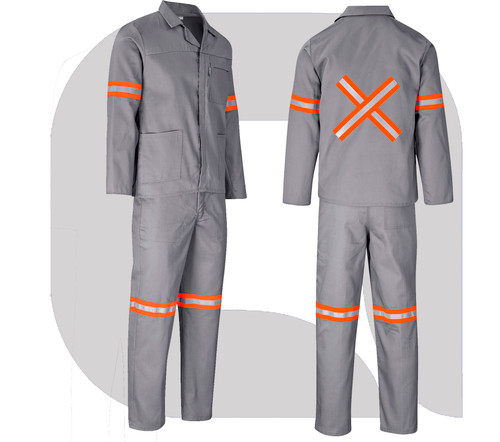 Trade Polycotton Conti Suit Reflective Arms, Legs & Back - Orange Tape - Grey, Azulwear Safety Workwear