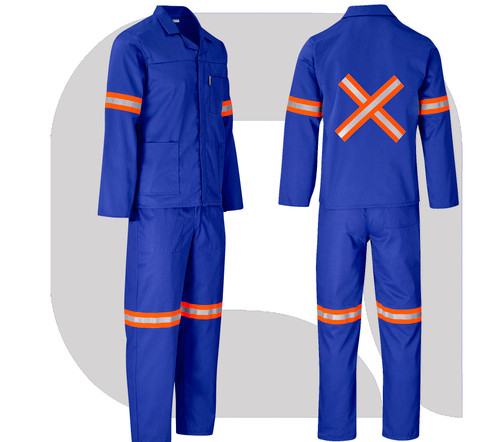 Trade Polycotton Conti Suit Reflective Arms, Legs & Back - Orange Tape - Royal Blue, Azulwear Safety Workwear