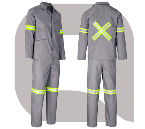 Trade Polycotton Conti Suit Reflective Arms, Legs & Back - Yellow Tape - Grey, Azulwear Safety Workwear