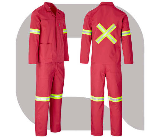 Trade Polycotton Conti Suit Reflective Arms, Legs & Back - Yellow Tape - Red, Azulwear Safety Workwear