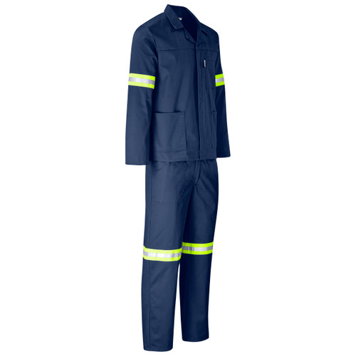 Trade Polycotton Conti Suit Reflective Arms, Legs & Back - Yellow Tape - Navy, Azulwear Safety Workwear