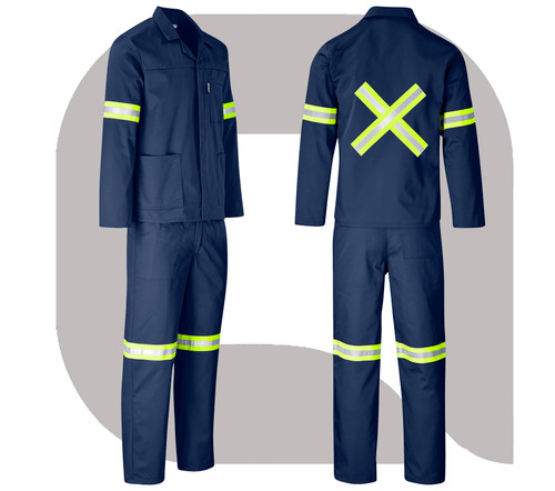 Trade Polycotton Conti Suit Reflective Arms, Legs & Back - Yellow Tape - Navy, Azulwear Safety Workwear