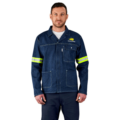 Premium 100% Cotton Denim Jacket Reflective Arms - Yellow Tape, Azulwear Safety Workwear