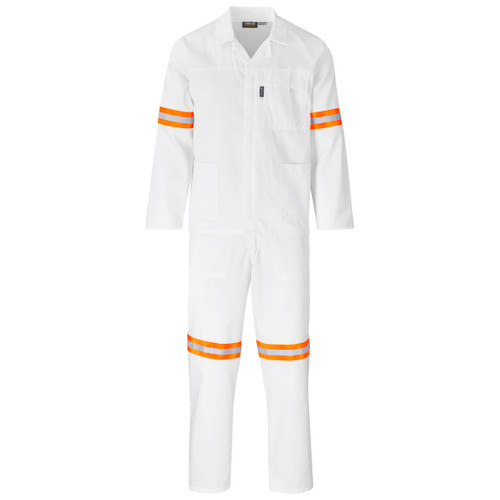 Trade Polycotton Conti Suit Reflective Arms & Legs - Orange Tape - White, Azulwear Safety Workwear