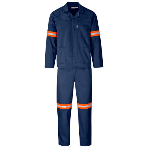 Trade Polycotton Conti Suit Reflective Arms & Legs - Orange Tape - Navy, Azulwear Safety Workwear