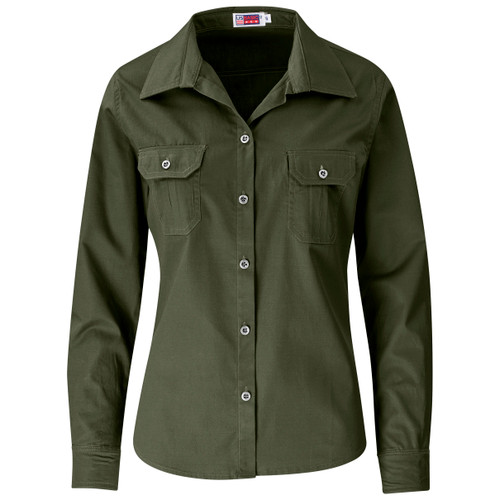 Military Green Ladies Wildstone Long Sleeve Outdoor Shirt made from heavy-duty 150g cotton twill, designed for safari field uniforms and lodge workwear across South Africa.