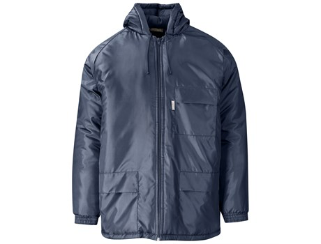 Navy blue Arctic Double-Lined Freezer Jacket from Azulwear shown from a front view, displaying the heavy-duty water-resistant polyester Oxford shell, protective insulated hood, one Monza style chest pocket, and two Monza style bottom pockets rated for protection down to -15°C across Western Cape