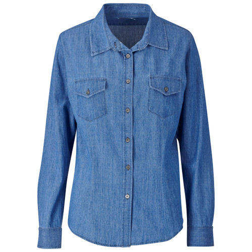 Denim Ladies Long Sleeve Eastwood Shirt made from 5.2oz cross-hatch denim fabric, designed for stylish corporate casual wear, safari lodge outfits, and outdoor uniforms across South Africa.