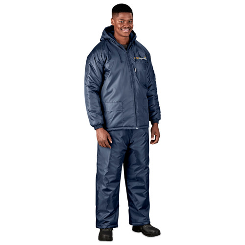 Navy blue Shift Single-Lined Freezer Pants from Azulwear shown from a full view, showcasing the durable 105gsm polyester Oxford shell, lightweight profile, and fully elasticated waistband built for thermal agility down to -5°C across South Africa.