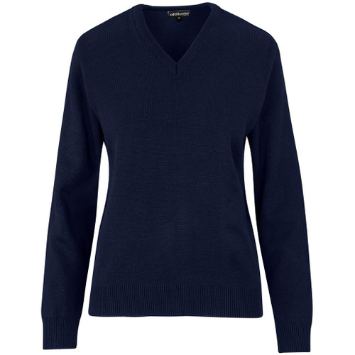 Navy Ladies Heavyweight Ecuador V-neck Jersey made from 100% 10-gauge acrylic knit, designed for warm corporate winter uniforms and office clothing across South Africa.