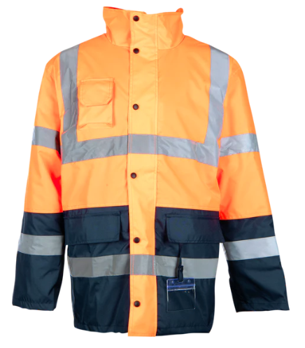 Traffic Jacket with Reflective Tape, Front View, Reflective Workwear by Azulwear South Africa. Features a high-visibility two-tone safety layout, premium silver reflective bands, and a weather-resistant shell.