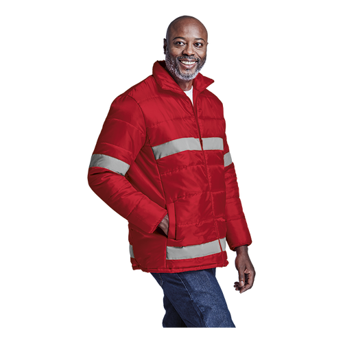 Hi-viz Henli Puffer jacket from Azulwear South Africa, displaying the side view with high-visibility safety tape, a cosy insulated funnel collar, and protective coated polyester fabric. Order online with quick courier delivery across South Africa.