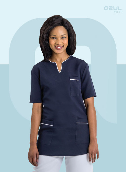 Navy blue and white contrast panels Tessa Tunic in a sleek flattering fit for professional nursing and medical uniforms by Azulwear South Africa.