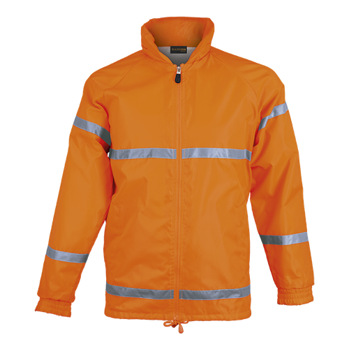 Orange Convoy Jacket from Azulwear South Africa, featuring the full front view with high-visibility silver reflective tape, full frontal zip, and a water-resistant shell. Dispatched from Cape Town with courier delivery across South Africa.