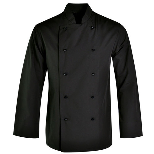 Front view of the Black Stanley Long Sleeve Chef Jacket by Azulwear, showcasing the sleek black fabric, structured double-breasted layout, and professional long sleeves engineered for high-performance hospitality chef wear Western Cape