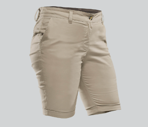 Khaki Ladies Safari Sunbird Slim Fit Shorts by Azulwear, showcasing the rugged bush-tone fabric built for outdoor field guides and wilderness excursions across South Africa