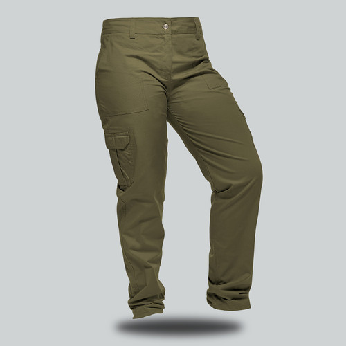Olive Explorer Cargo Ripstop Slacks from Azulwear, highlighting the rugged earth-tone fabric built for professional field guides and safari tours across South Africa.