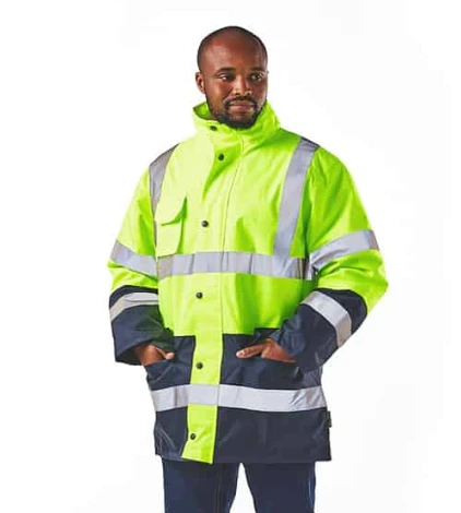 Fluorescent two-tone Dromex Waterproof Hi Viz Thermal Jacket front view, ideal for outdoor construction, roadside utility, and logistics crews by Azulwear Dromex Workwear South Africa.