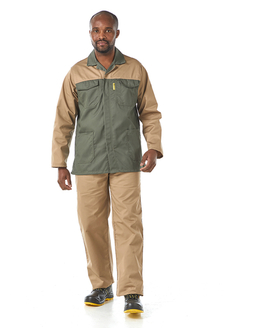 Khaki and olive Dromex 65/35 Two Tone Suit front view, ideal for agriculture, farming, forestry, and outdoor engineering by Azulwear Workwear South Africa.