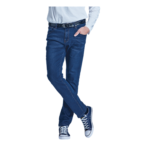 Model wearing the classic Men's Stretch Jeans featuring a flexible fit and durable construction, ideal for professional casual environments by Azulwear.