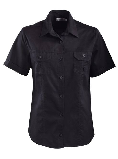 Black Ladies Forrest Short Sleeve Blouse made from premium 100% cotton peached twill, designed for safari tours, game lodge uniforms, and outdoor workwear across South Africa.