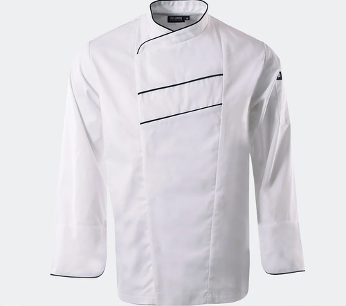 Crisp White Ainsley Long Sleeve Chef Jacket, high-quality chef wear by Azulwear, providing the best hospitality clothing with custom branding in Cape Town