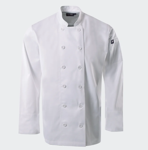 Crisp White Maison Long Sleeve Chef Jacket, high-quality chef wear by Azulwear, providing the best hospitality clothing with custom branding in Durban.