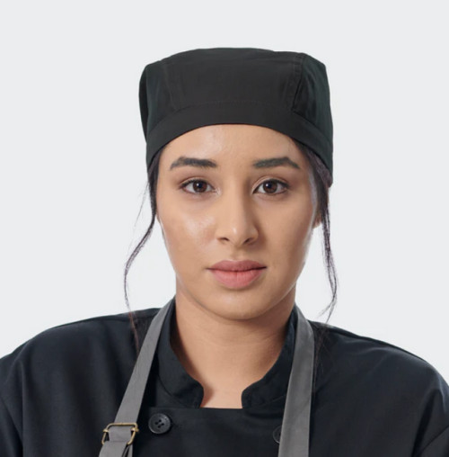 Black bandana headwear with custom logo embroidery, professional kitchen wear and hospitality uniforms by Azulwear South Africa.