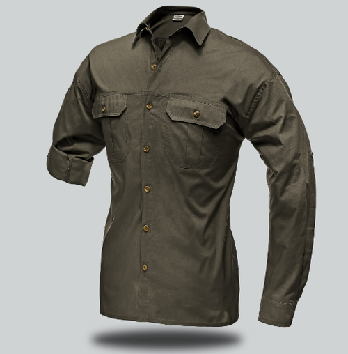Olive green Men's Adventurer Ripstop Long Sleeve Shirt from Azulwear, displaying the classic bush-tone palette engineered for active game lodge rangers and wilderness tracking across South Africa.